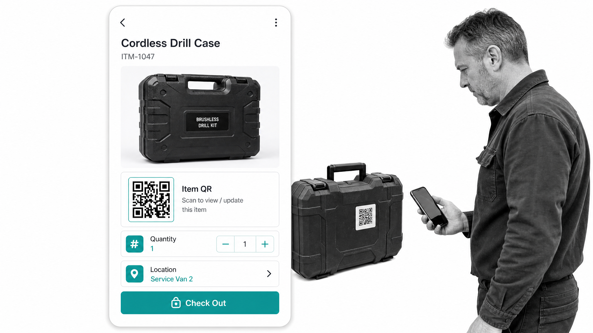 Sortly mobile item record with a product photo, QR code, location, and check-out control