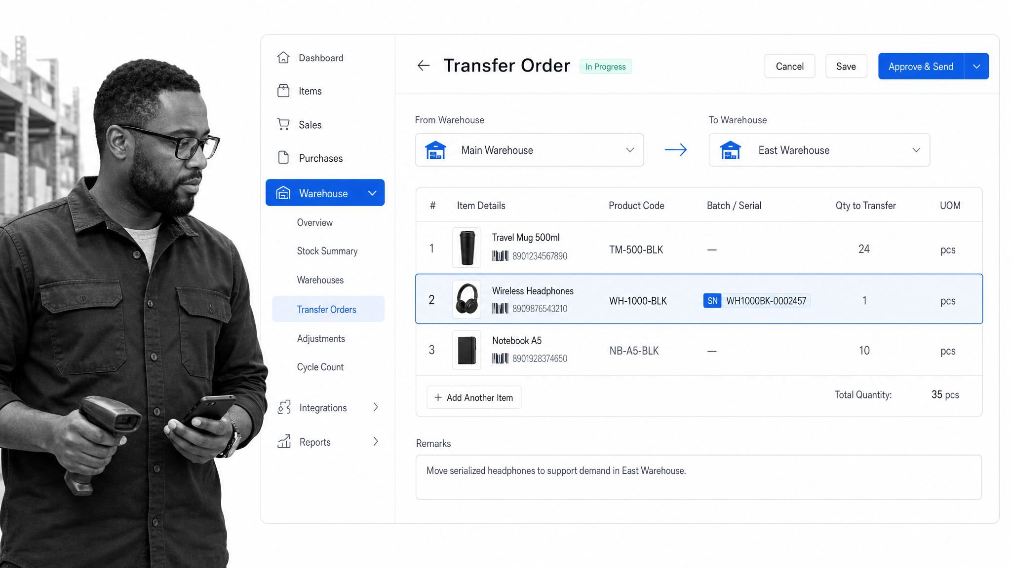 Zoho Inventory warehouse transfer order showing items moving between two locations