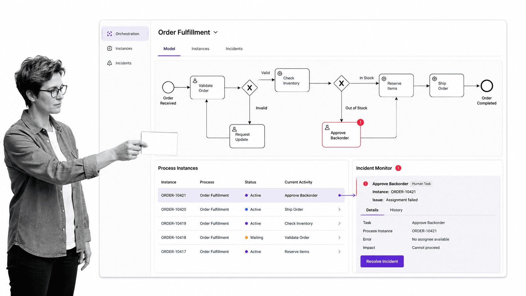 Camunda product interface as a K2 alternative for developer-led BPMN orchestration across people, systems, and services