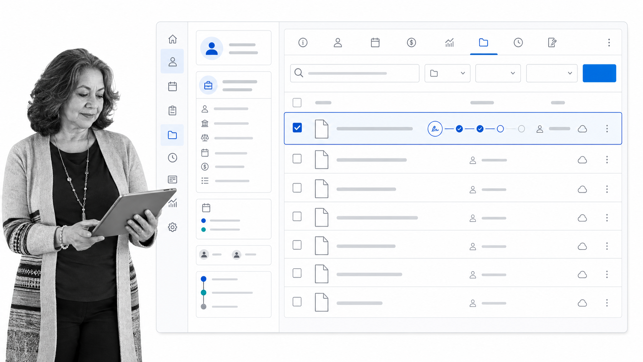 Clio Manage matter record with searchable legal documents and signature status