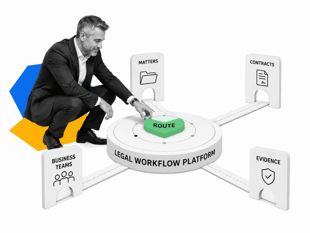 A legal operations leader examines a central workflow platform connecting legal systems and governed requests.
