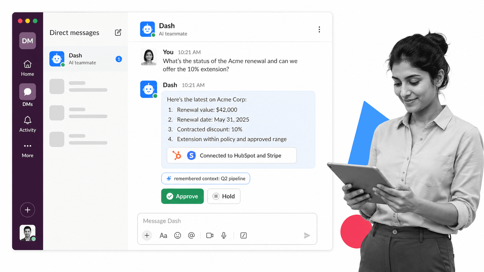 Dash Slack DM with an AI coworker reply and inline Approve and Hold buttons