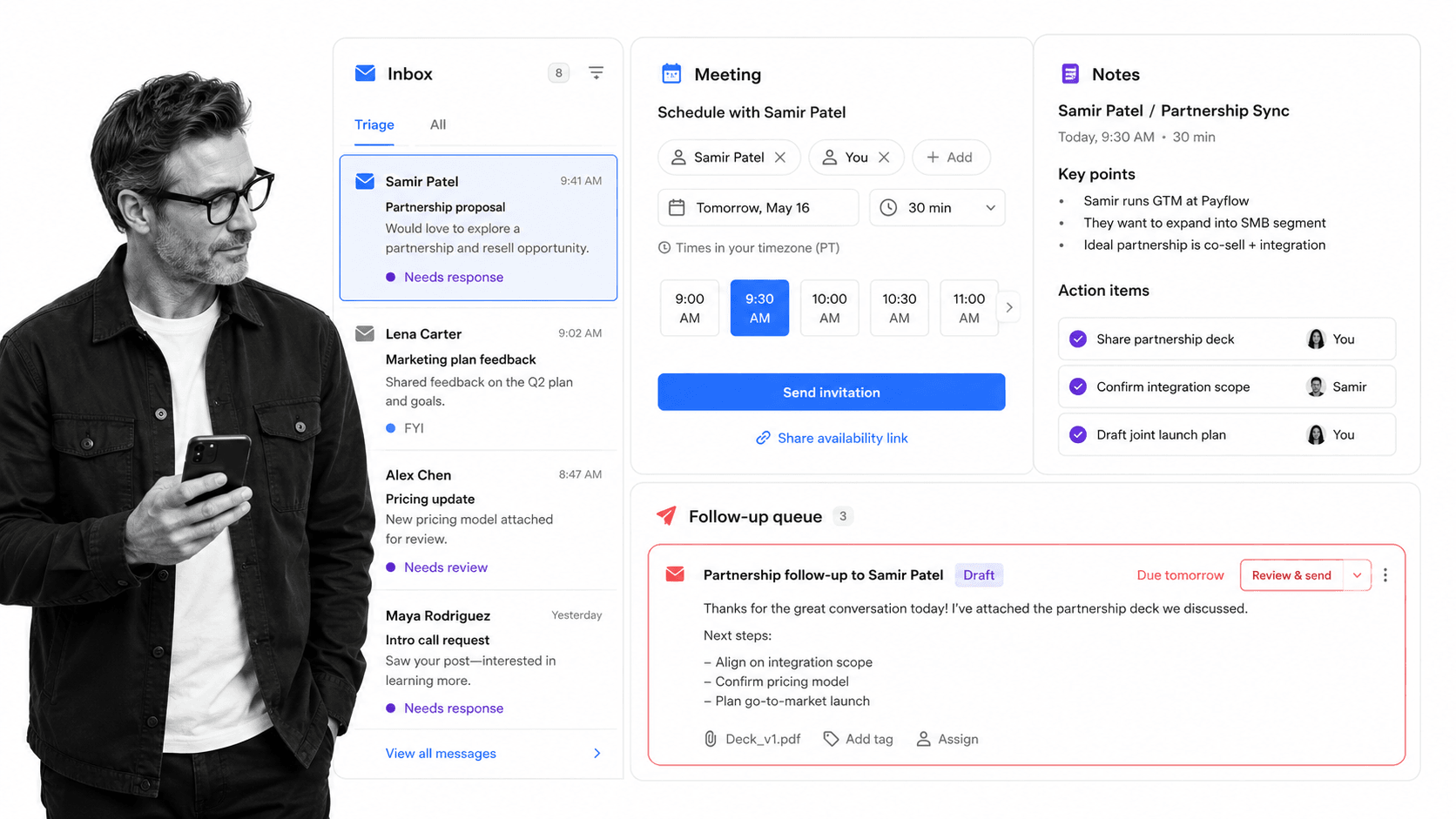 Lindy assistant dashboard with inbox triage, meeting notes, and follow-up queue