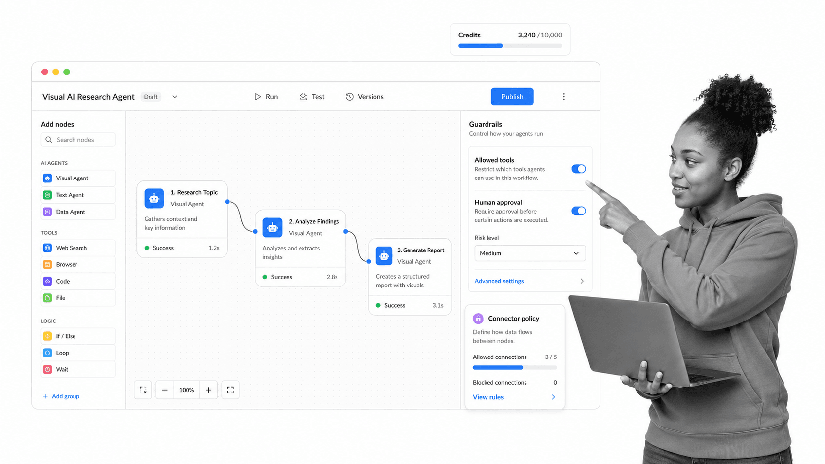 Gumloop visual AI workflow canvas with guardrails and credits meter