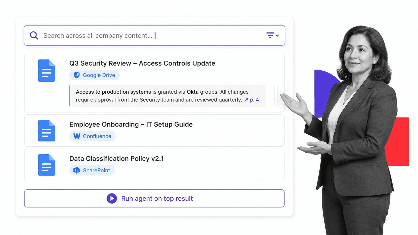 Glean Agents enterprise search results with cited document cards and an agent action chip