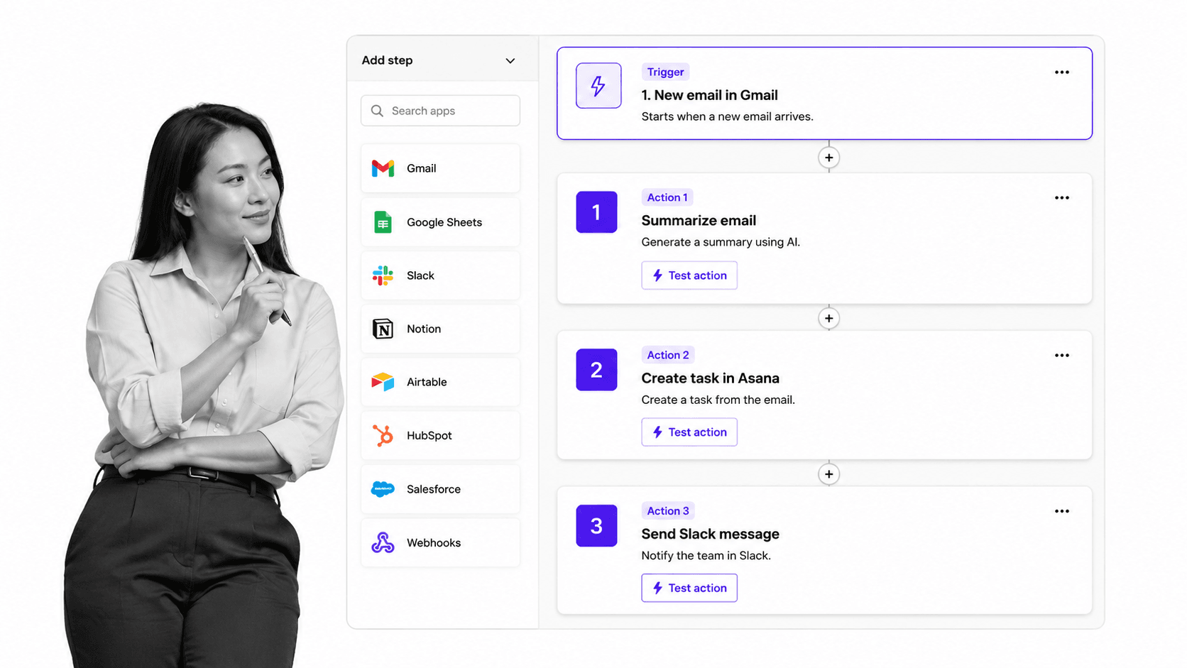 Zapier Agents vertical step builder with a trigger card, numbered action cards, and an app rail
