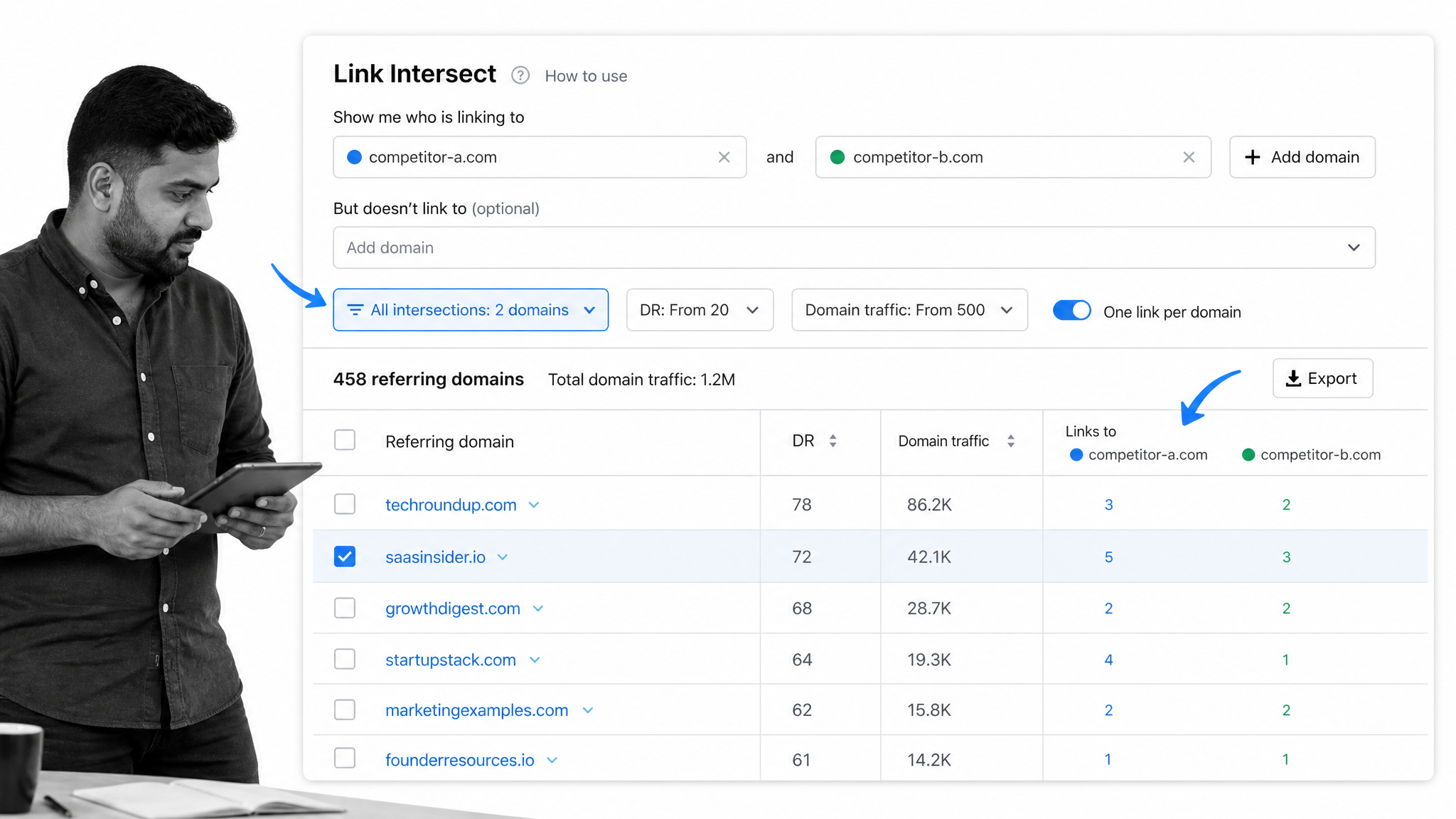 Ahrefs Link Intersect view for comparing competitor referring domains