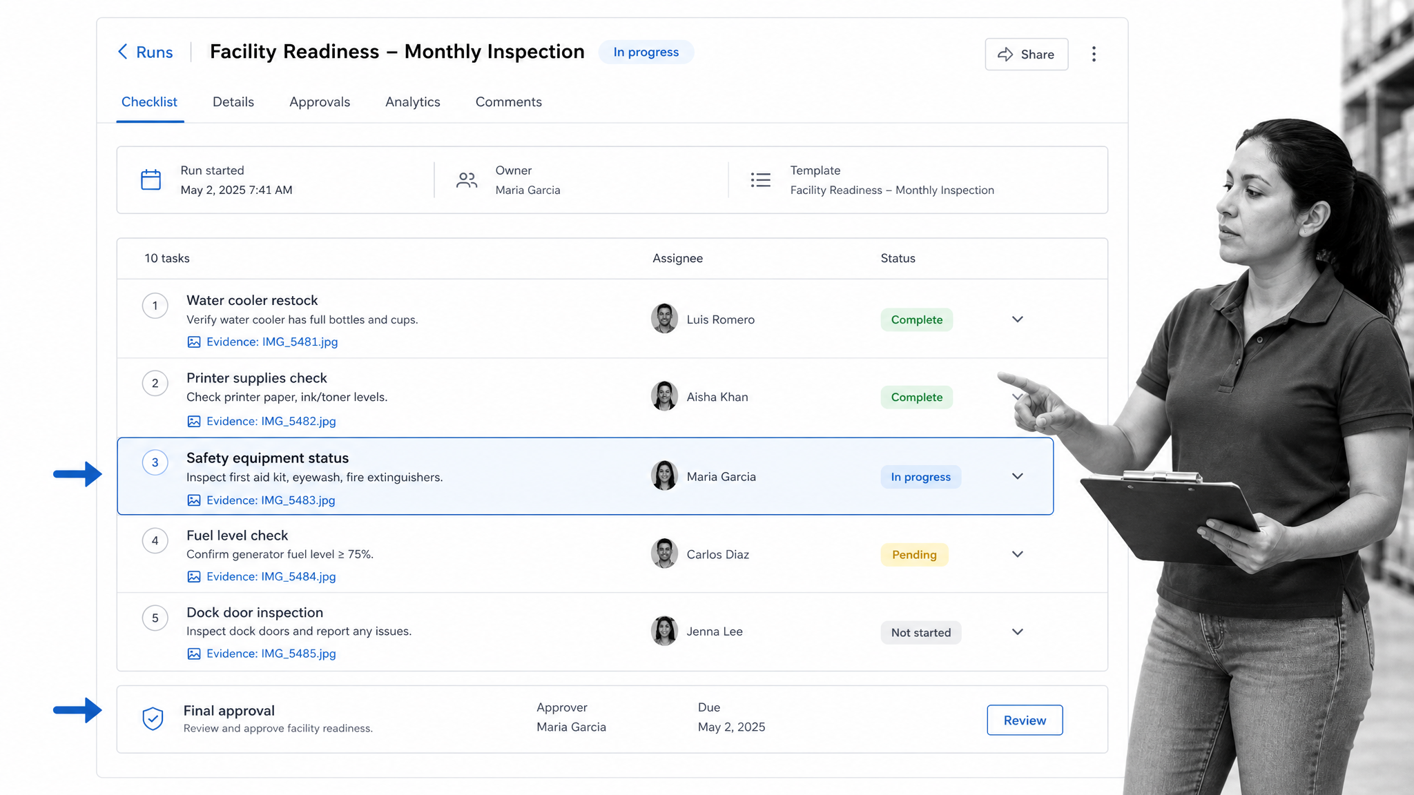 Facility readiness workflow run in Process Street