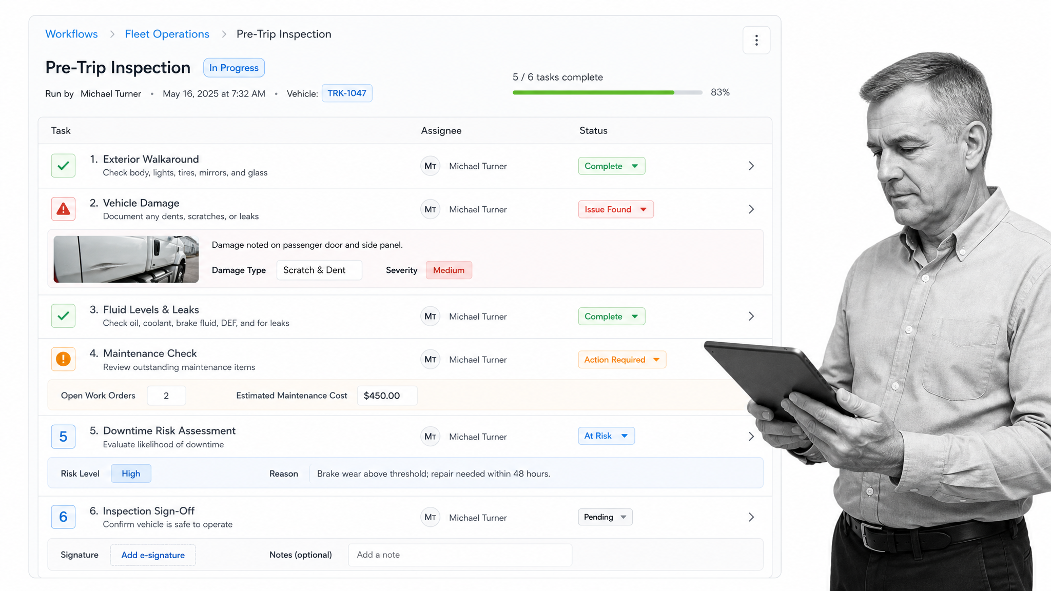 Fleet pretrip inspection workflow run in Process Street
