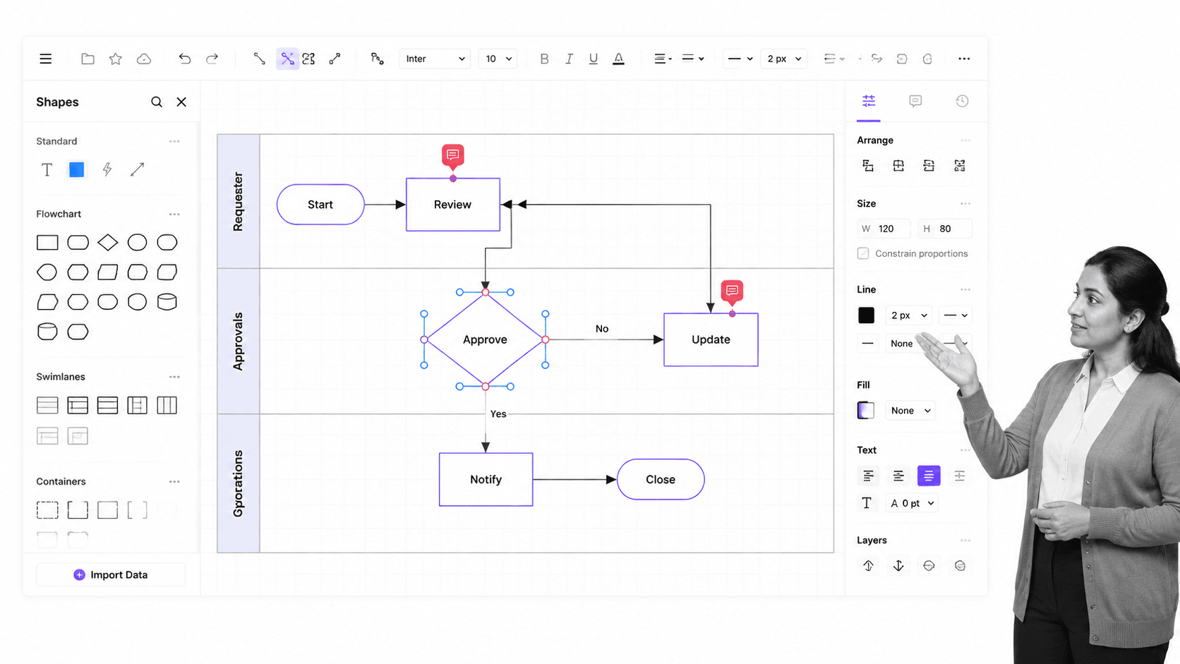 Lucidchart process diagramming workspace with edge presenter context