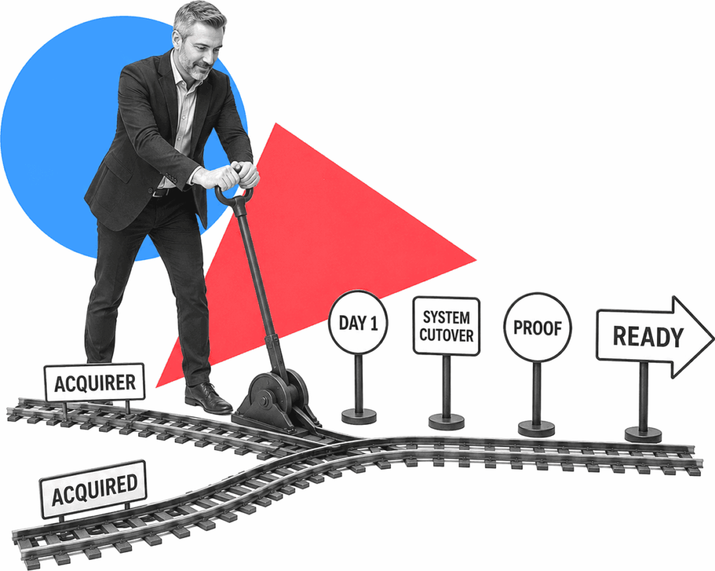 An integration leader routes labeled M&A onboarding workstreams through readiness gates.
