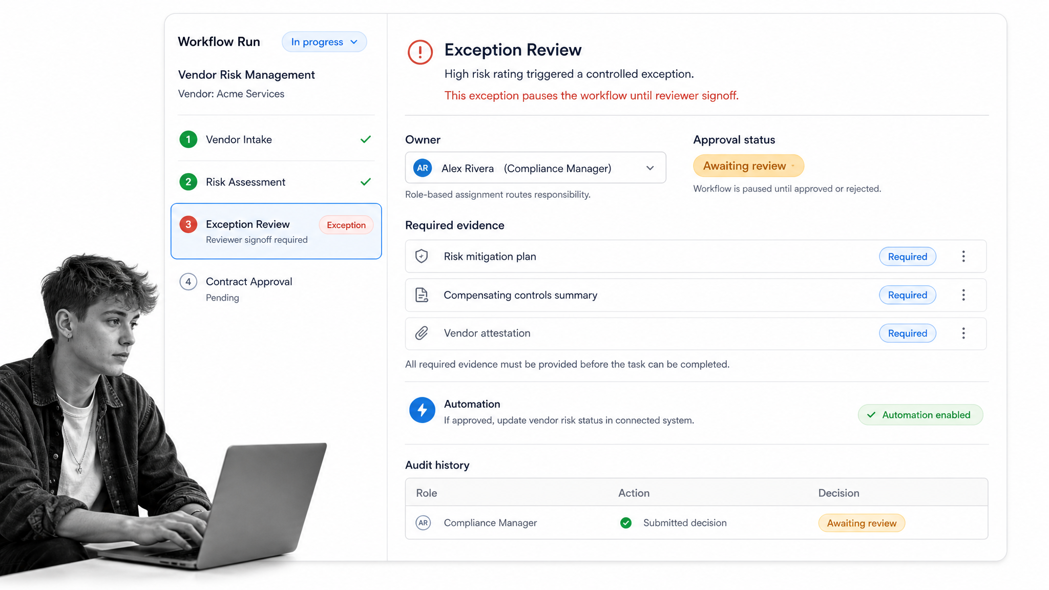 Process Street workflow run with selected exception task, owner, approval, evidence, automation, and audit history
