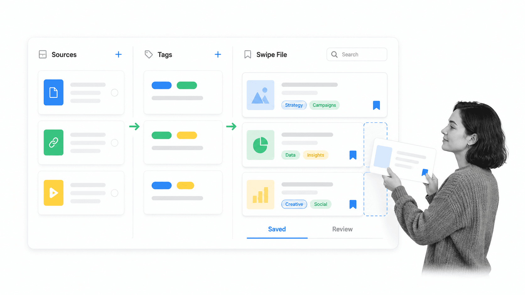 Research library workflow feeding a searchable swipe file with a black-and-white marketer filing a note