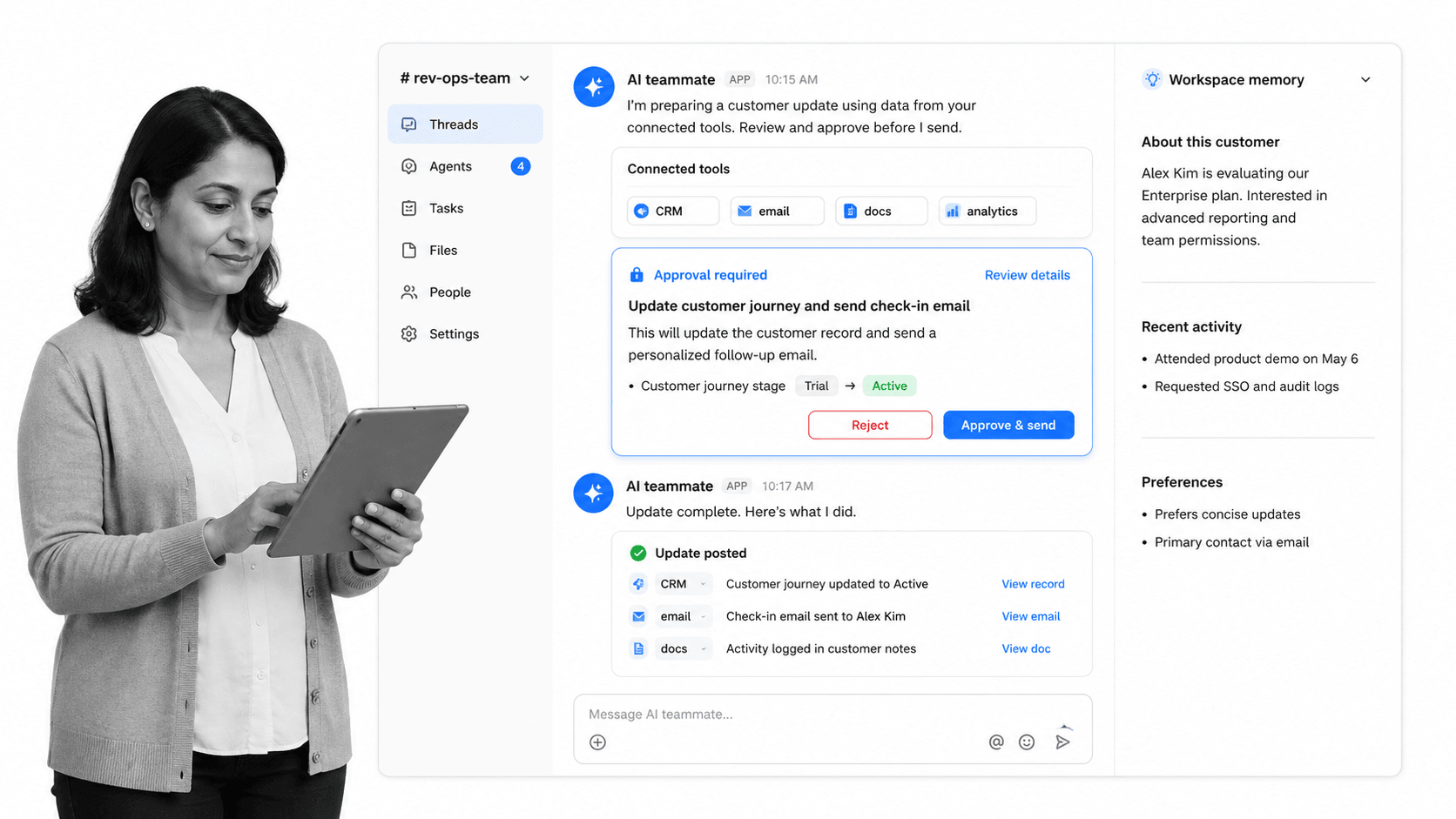 Dash multiplayer AI agent product UI for Teams that want an approval-first AI coworker in Slack and Microsoft Teams