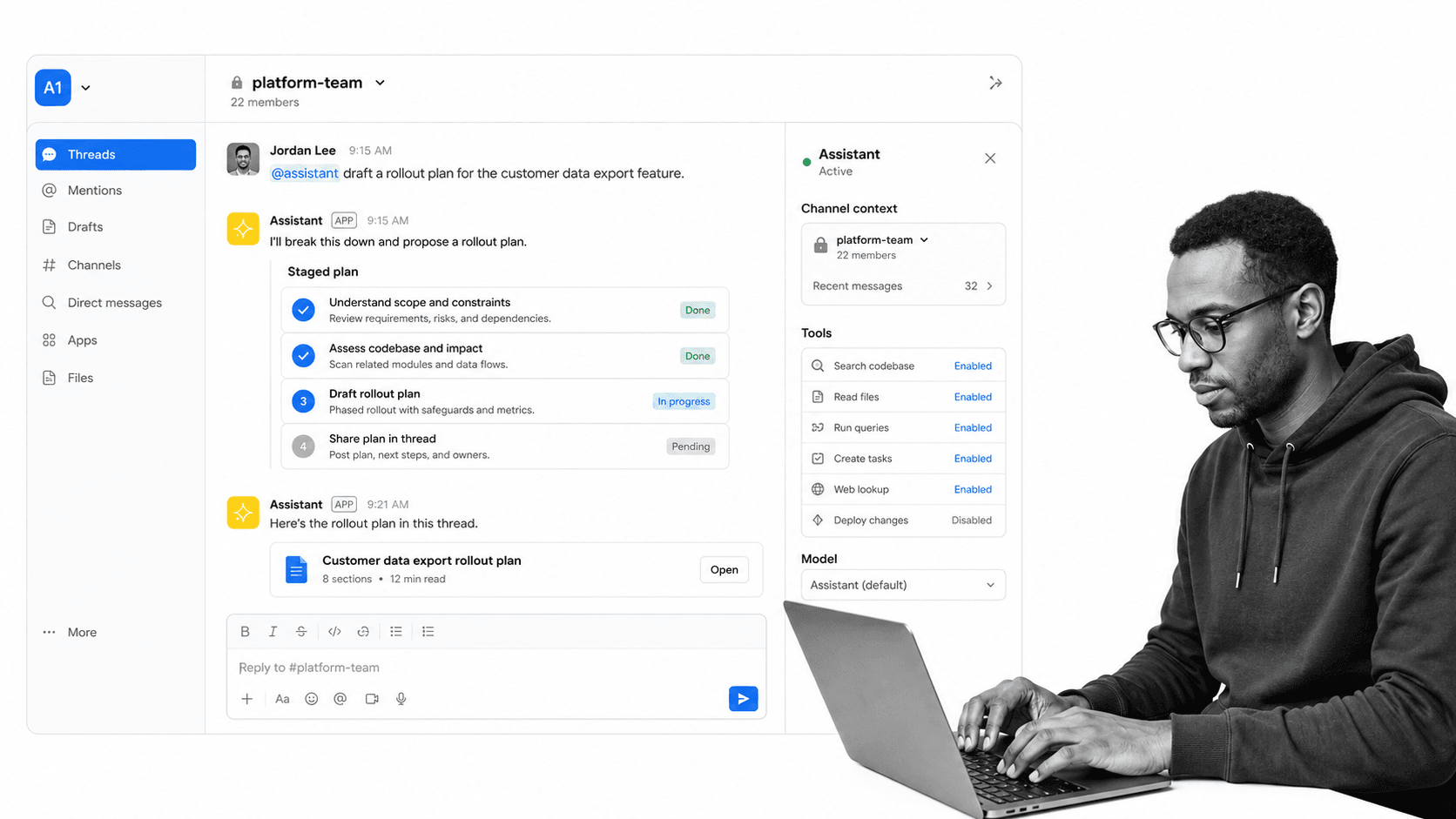 Anthropic Claude multiplayer AI agent product UI for Teams that want Claude reasoning in Slack and Claude workspaces