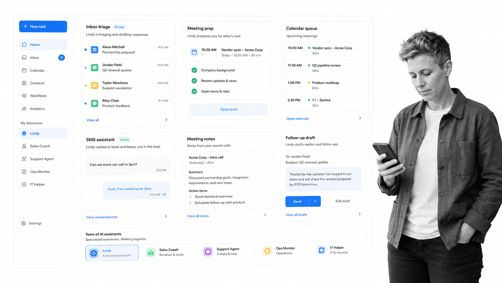 Lindy multiplayer AI agent product UI for Personal and team delegation across inboxes, meetings, calendars, and messages
