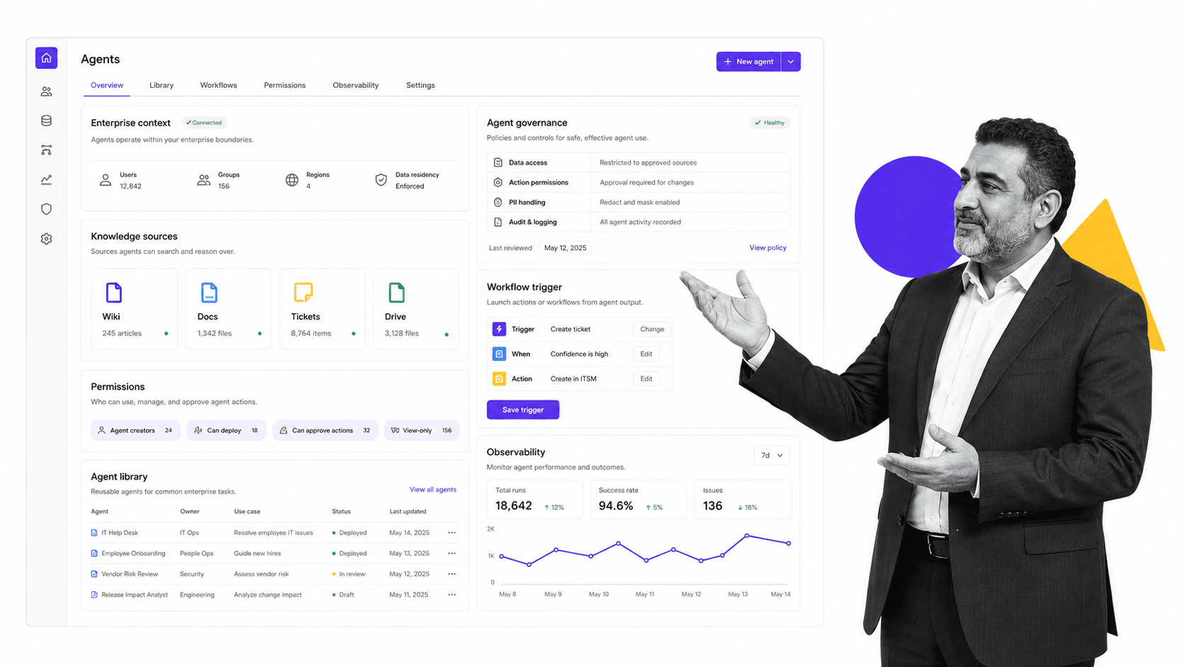 Glean Agents multiplayer AI agent product UI for Enterprises that need AI agents grounded in company knowledge and permissions