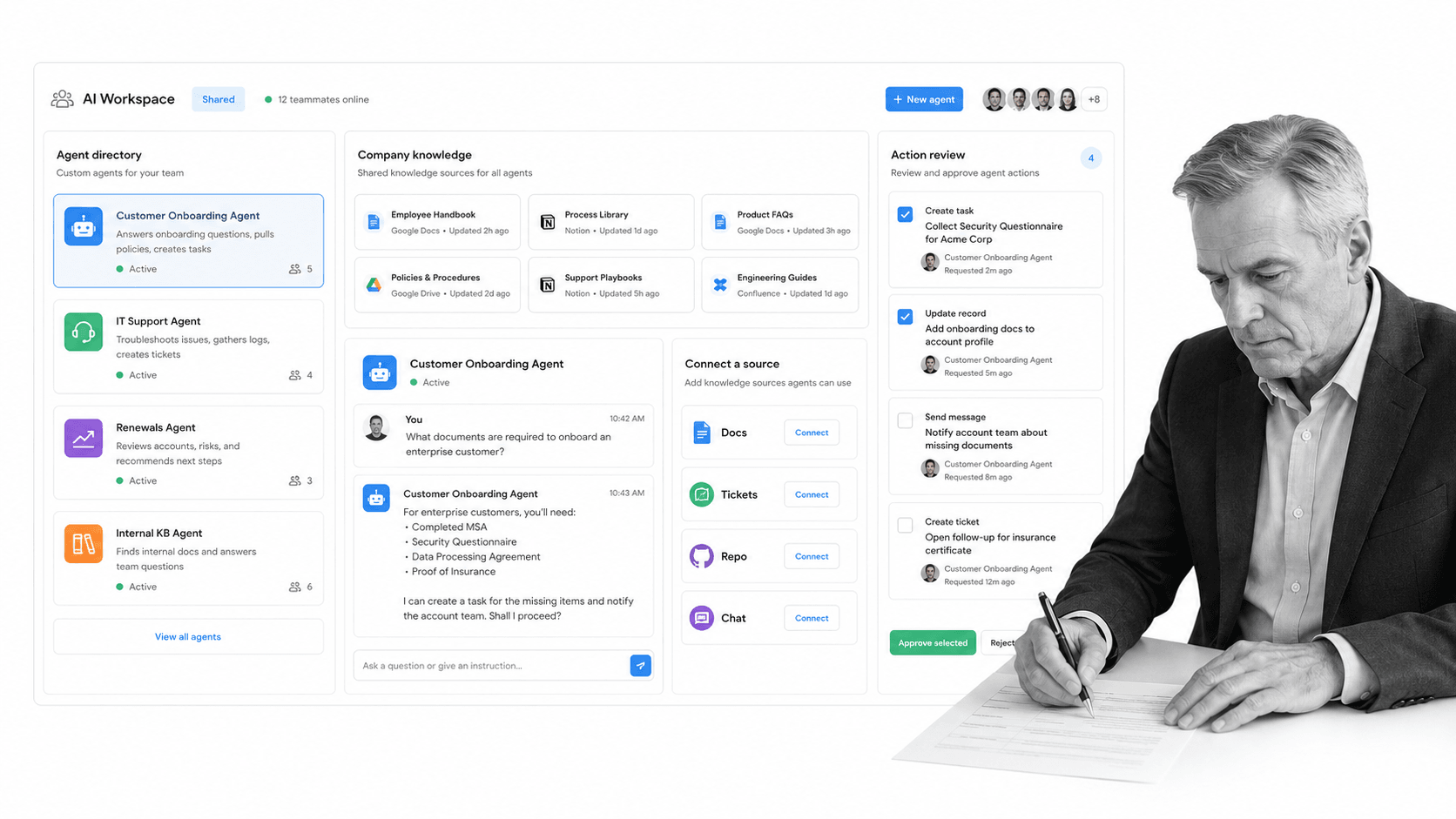 Dust multiplayer AI agent product UI for Teams that want a shared AI workspace for custom agents and company knowledge