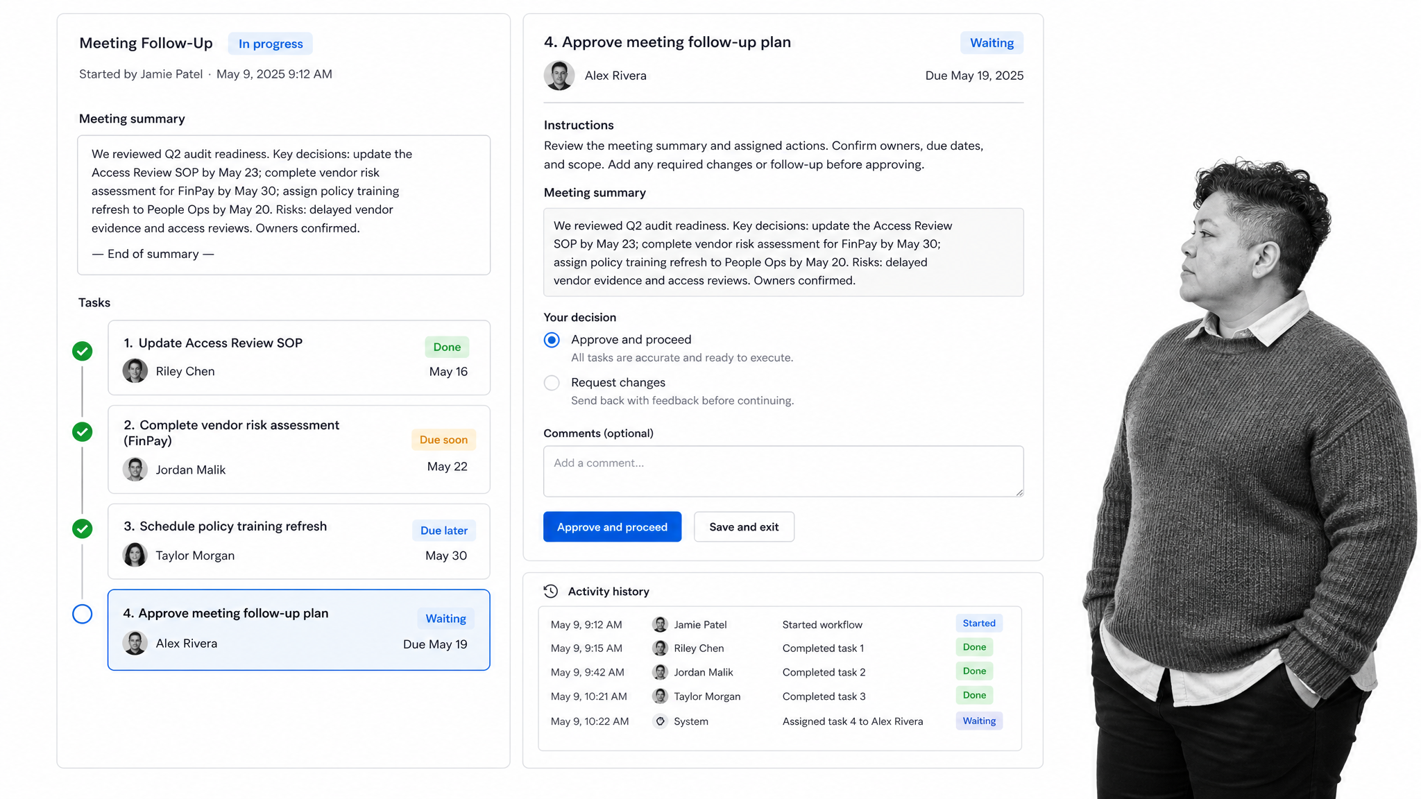 Process Street meeting follow-up workflow with approval and action tracking