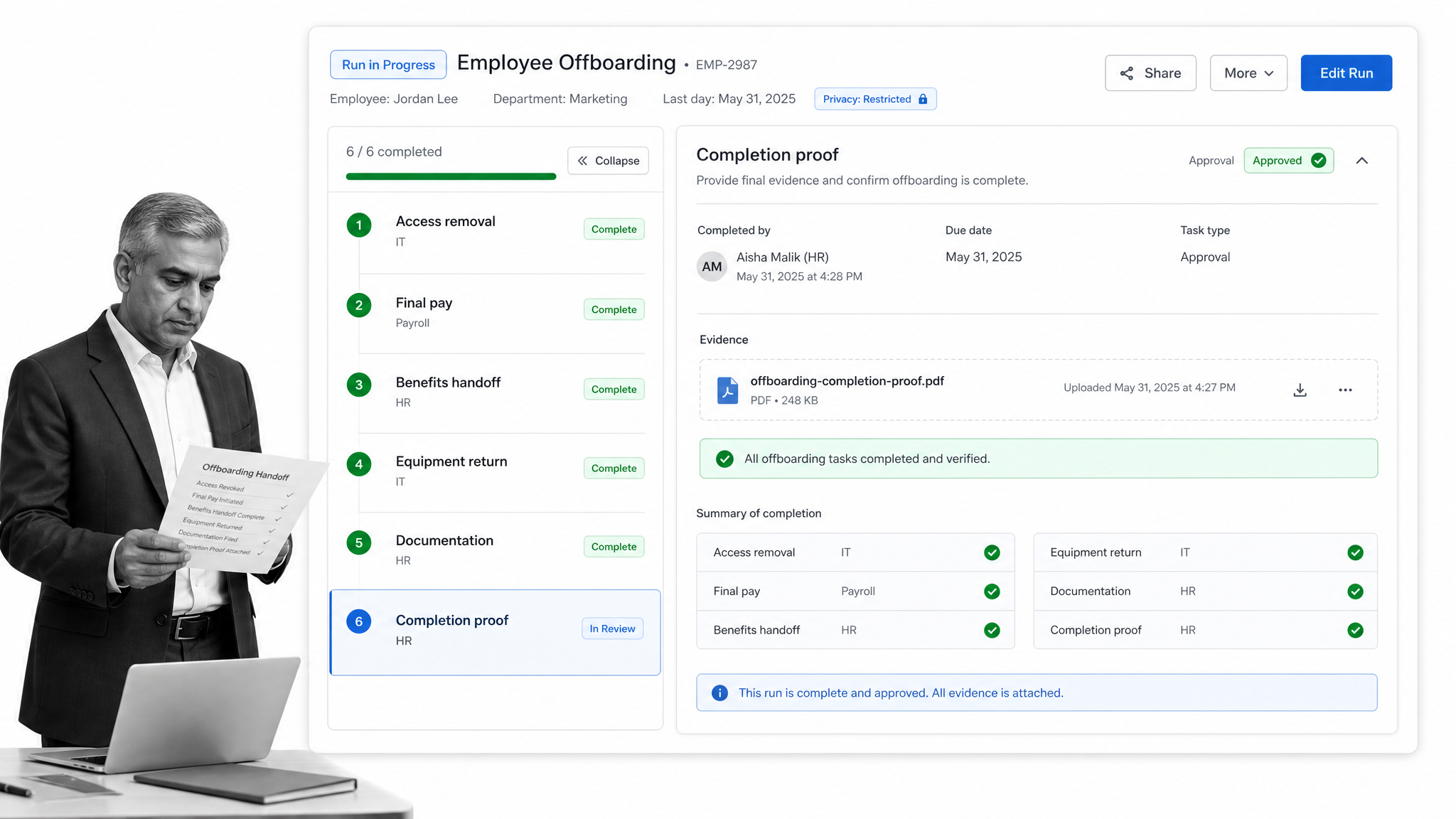 Employee offboarding workflow run showing access removal, final pay, benefits handoff, equipment return, and completion proof.
