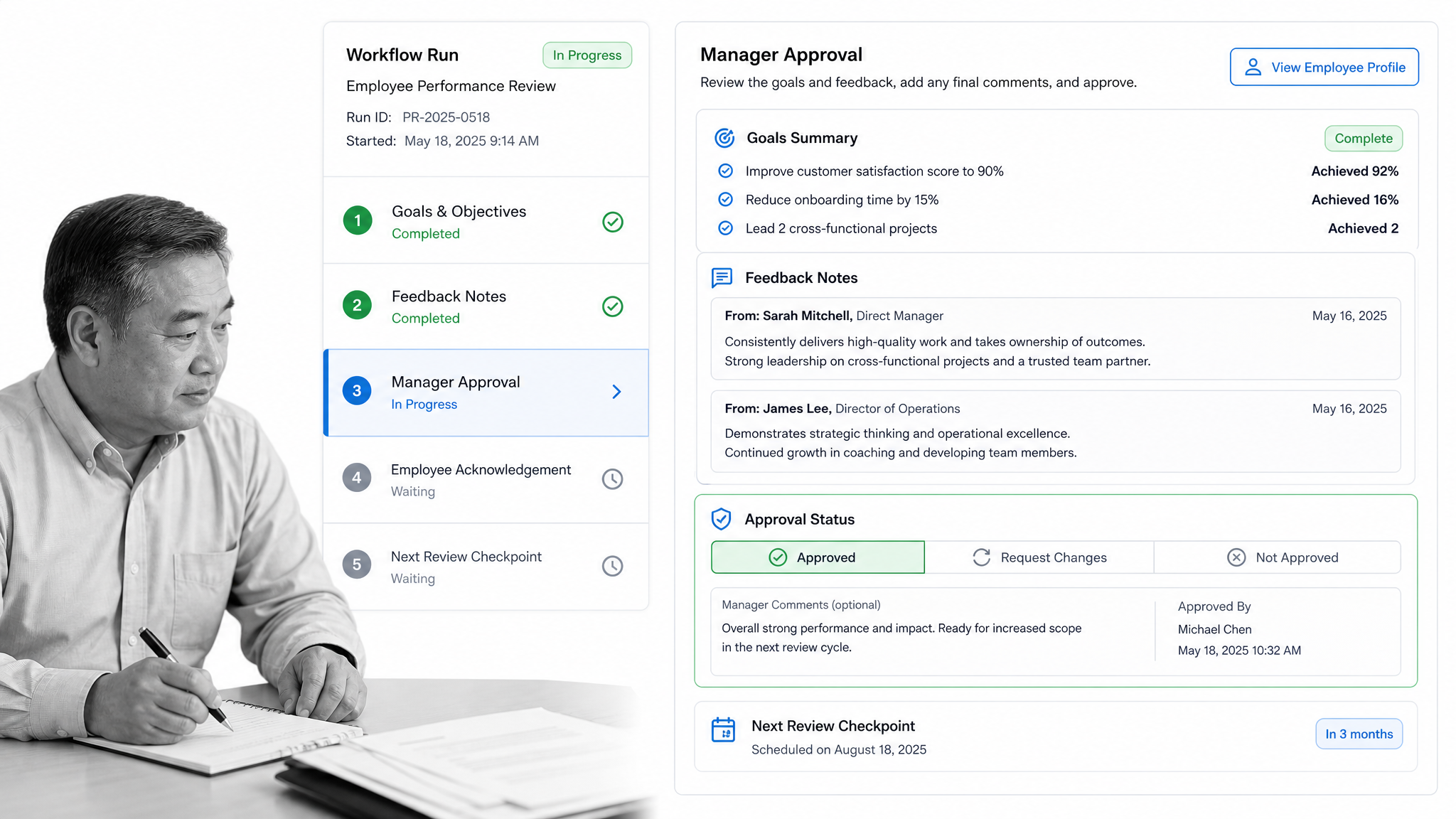 Performance review workflow run showing goals, feedback notes, manager approval, acknowledgement, and next review checkpoint.