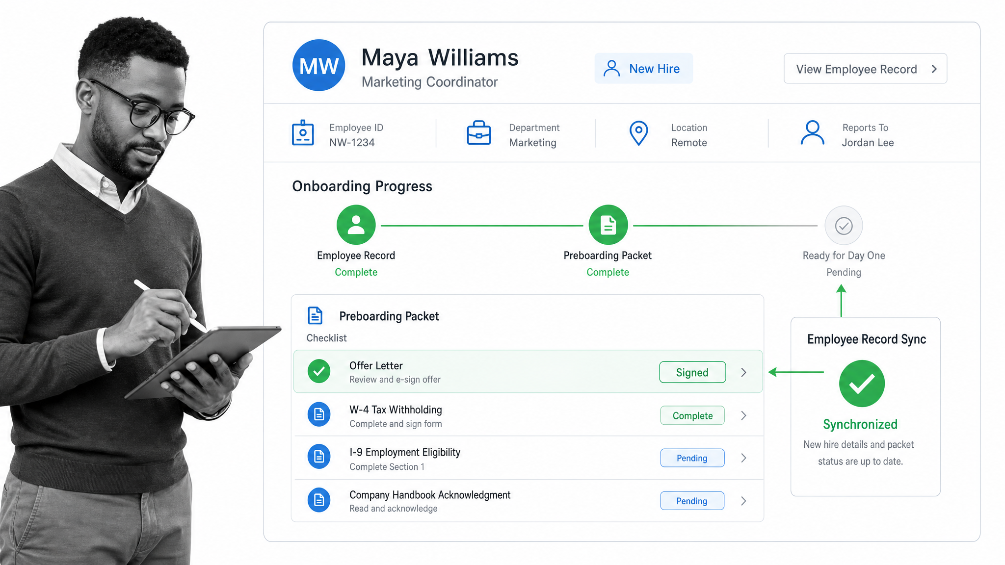 BambooHR onboarding progress dashboard with new-hire packet, checklist, and signature status