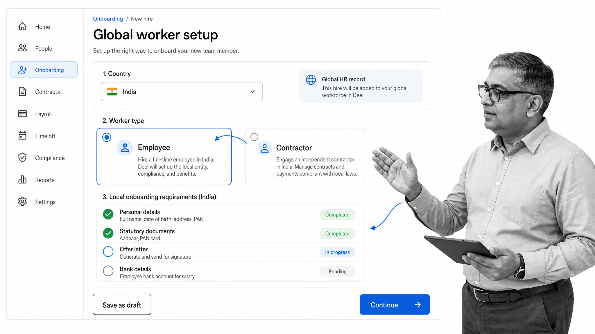 Deel global worker onboarding screen with country, worker type, and local requirements