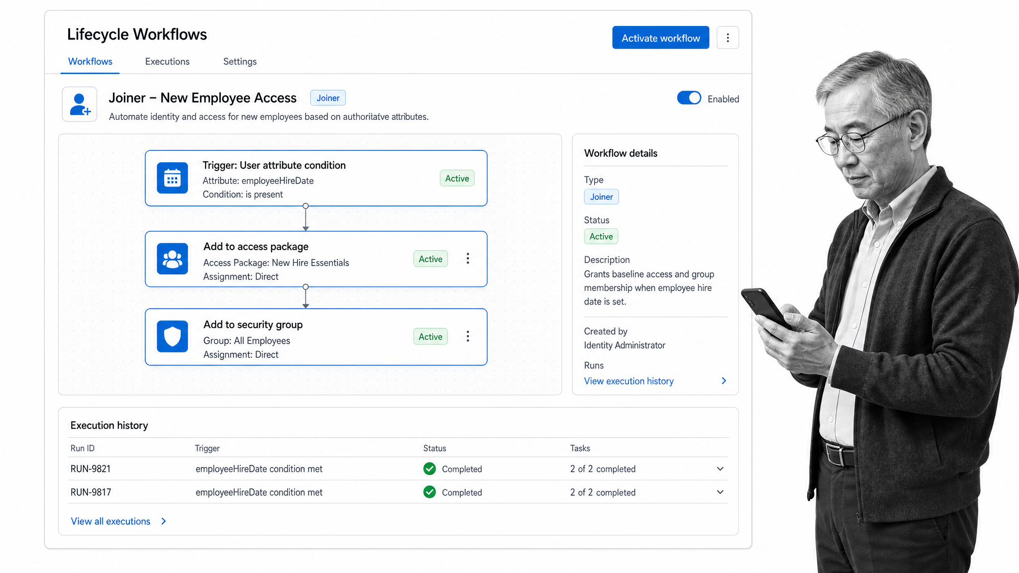 Microsoft Entra Lifecycle Workflows editor with joiner trigger and identity access tasks