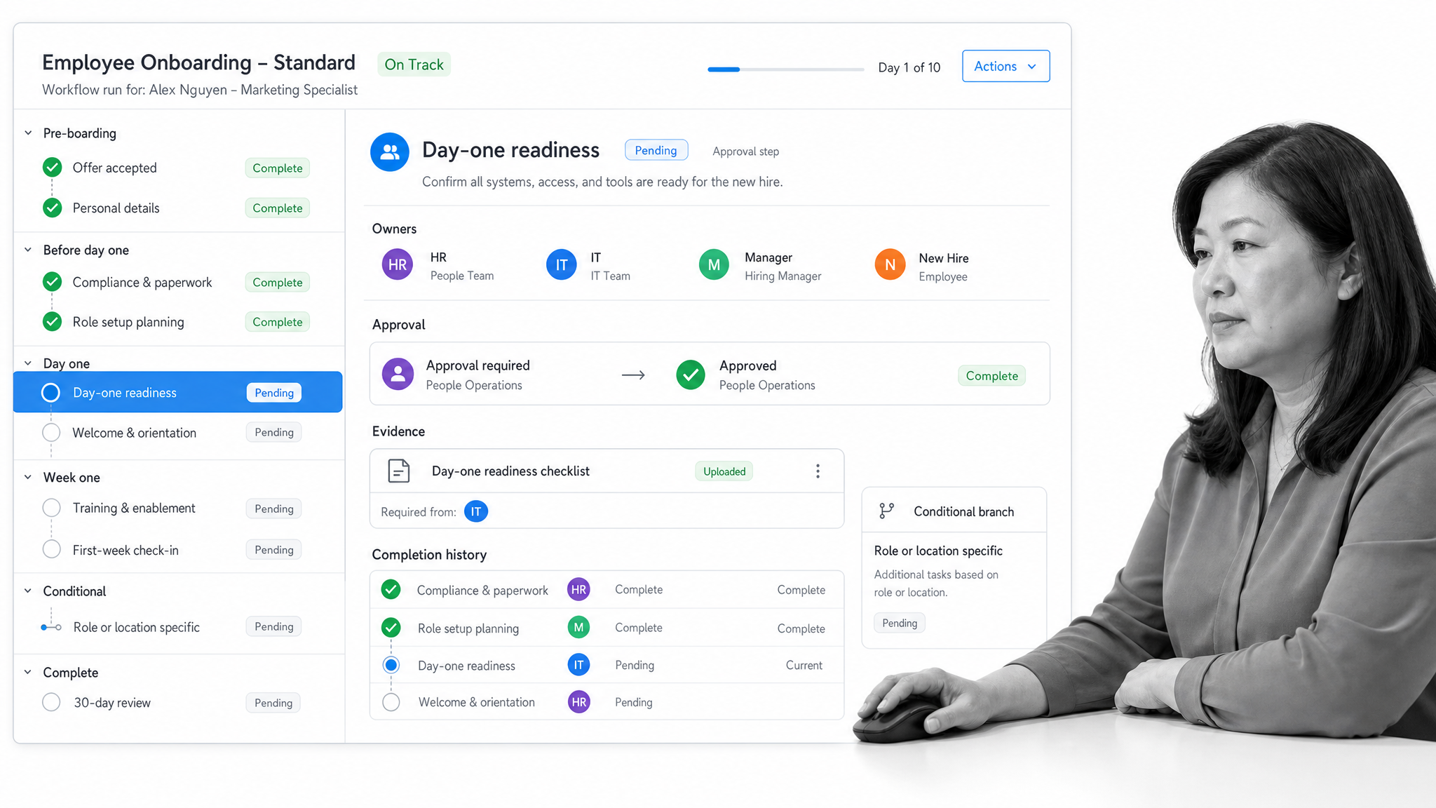 Process Street employee onboarding workflow with cross-functional owners, approval, and evidence capture
