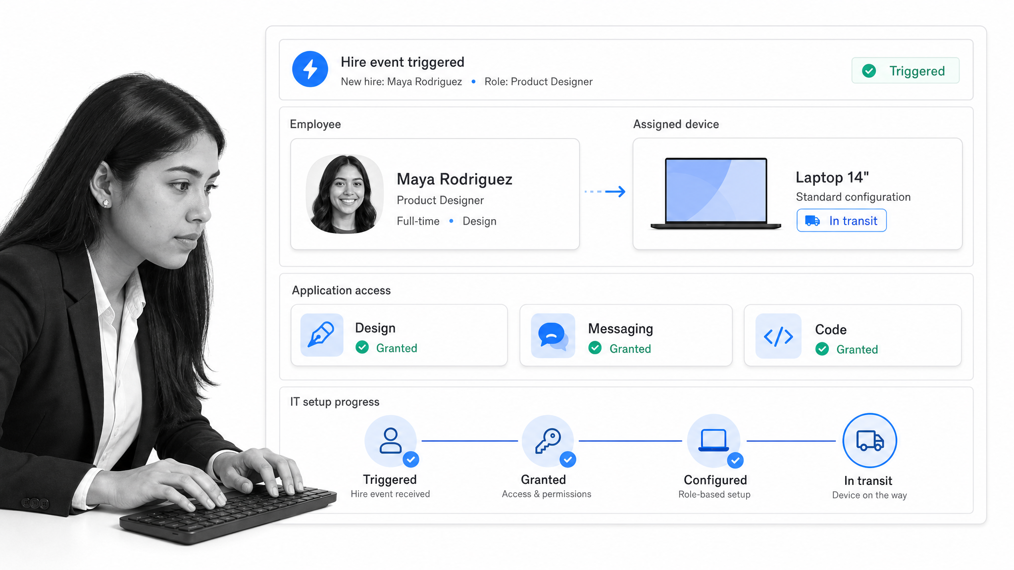 Rippling new-hire device assignment screen with laptop configuration and application access