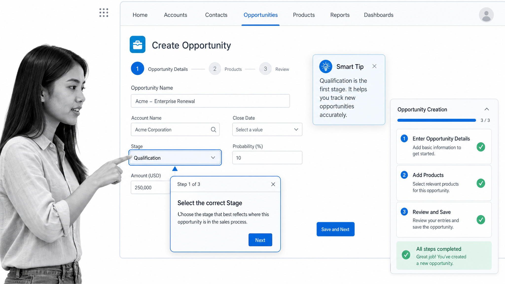 Whatfix in-app onboarding guidance with contextual flow, smart tip, and task list