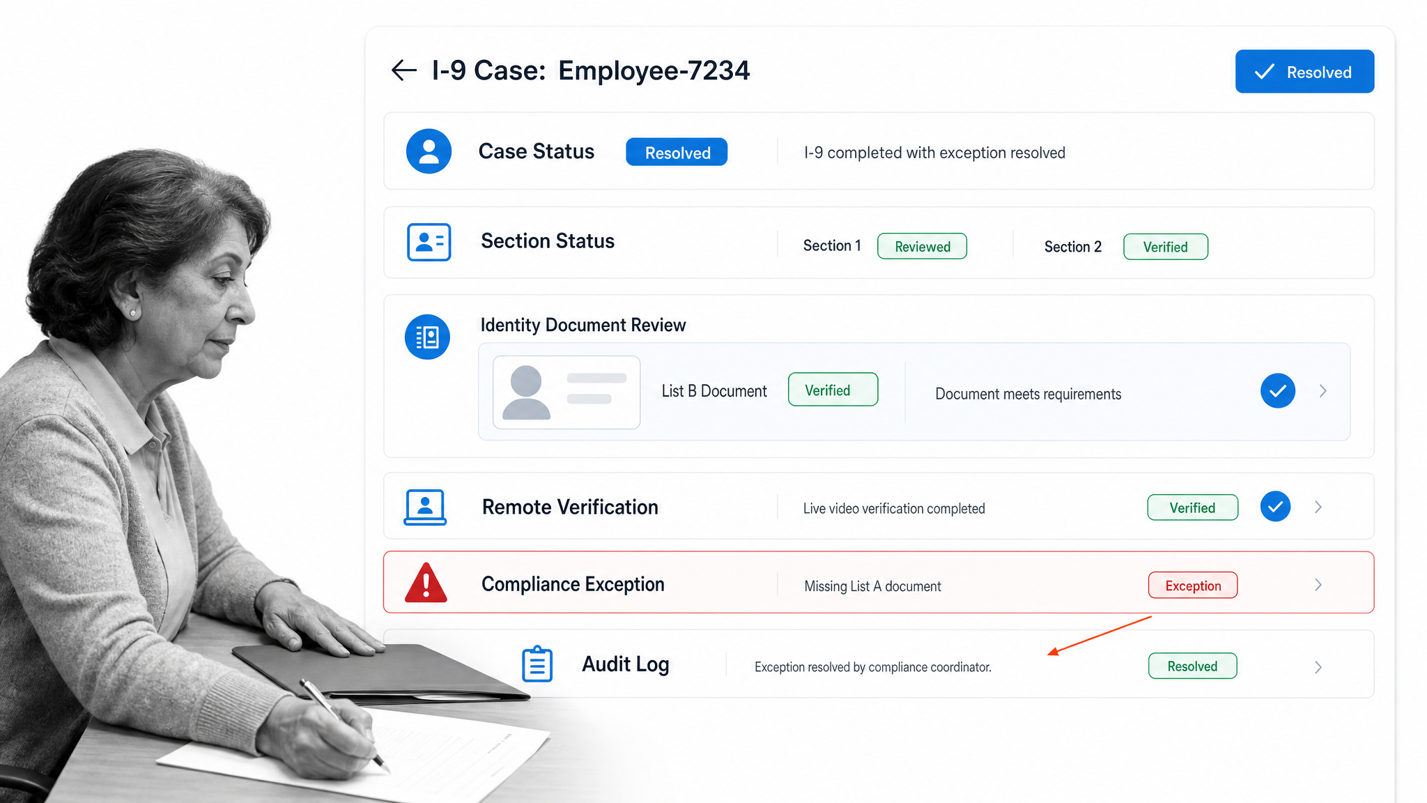 WorkBright remote I-9 verification case with document review and compliance status