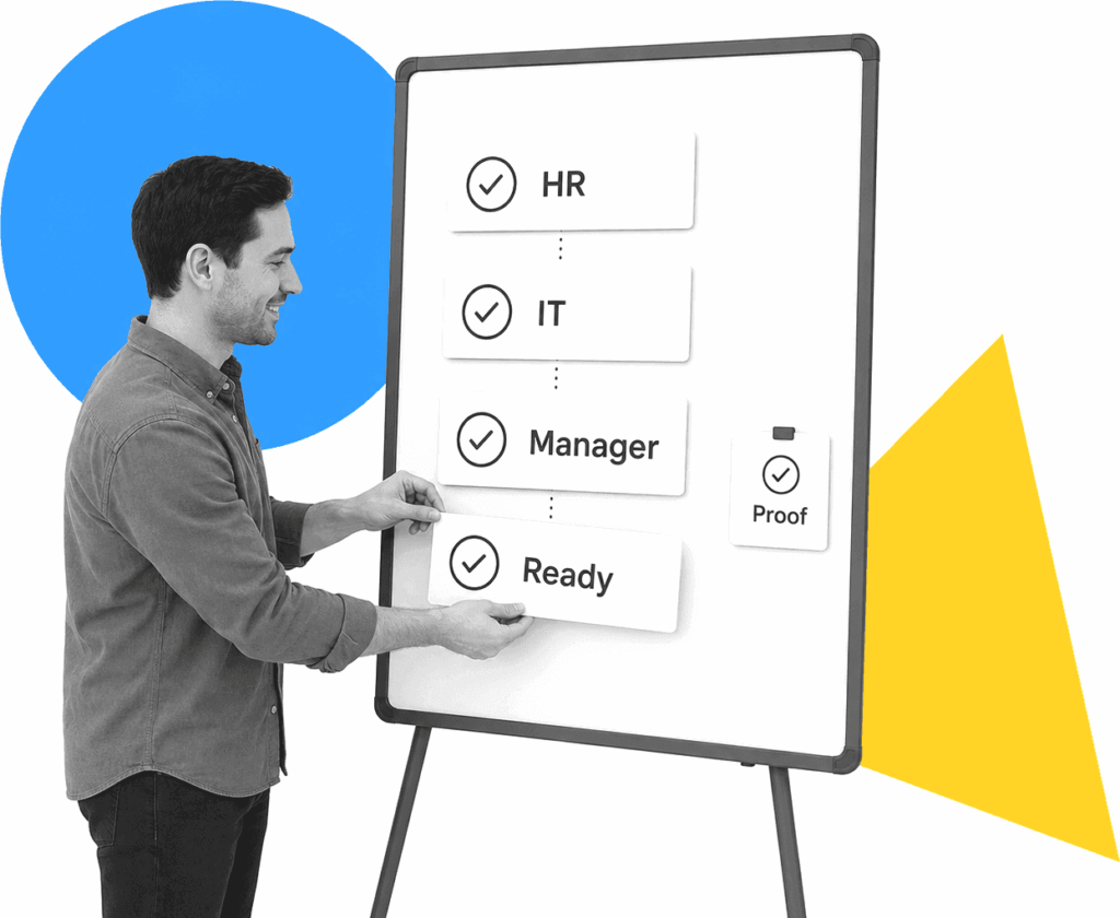 Operations lead arranging labeled onboarding workflow checklist cards.
