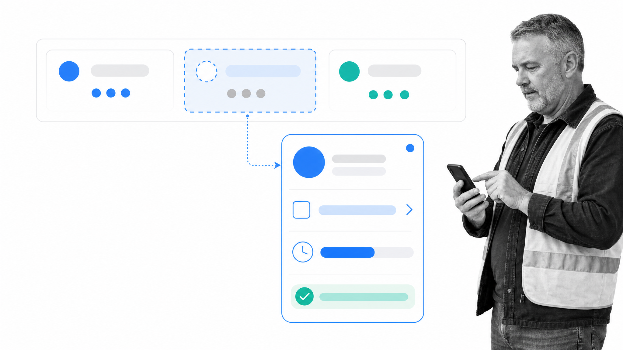 Connecteam employee schedule with an open shift, mobile checklist, time record, and field form