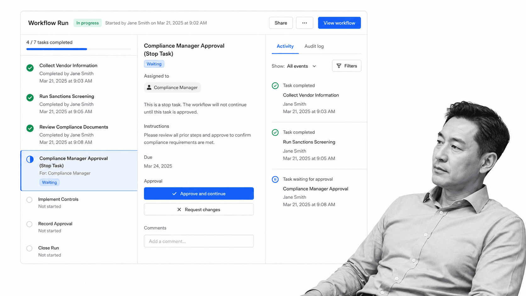 Process Street compliance workflow run with an approval stop task and a timestamped audit log