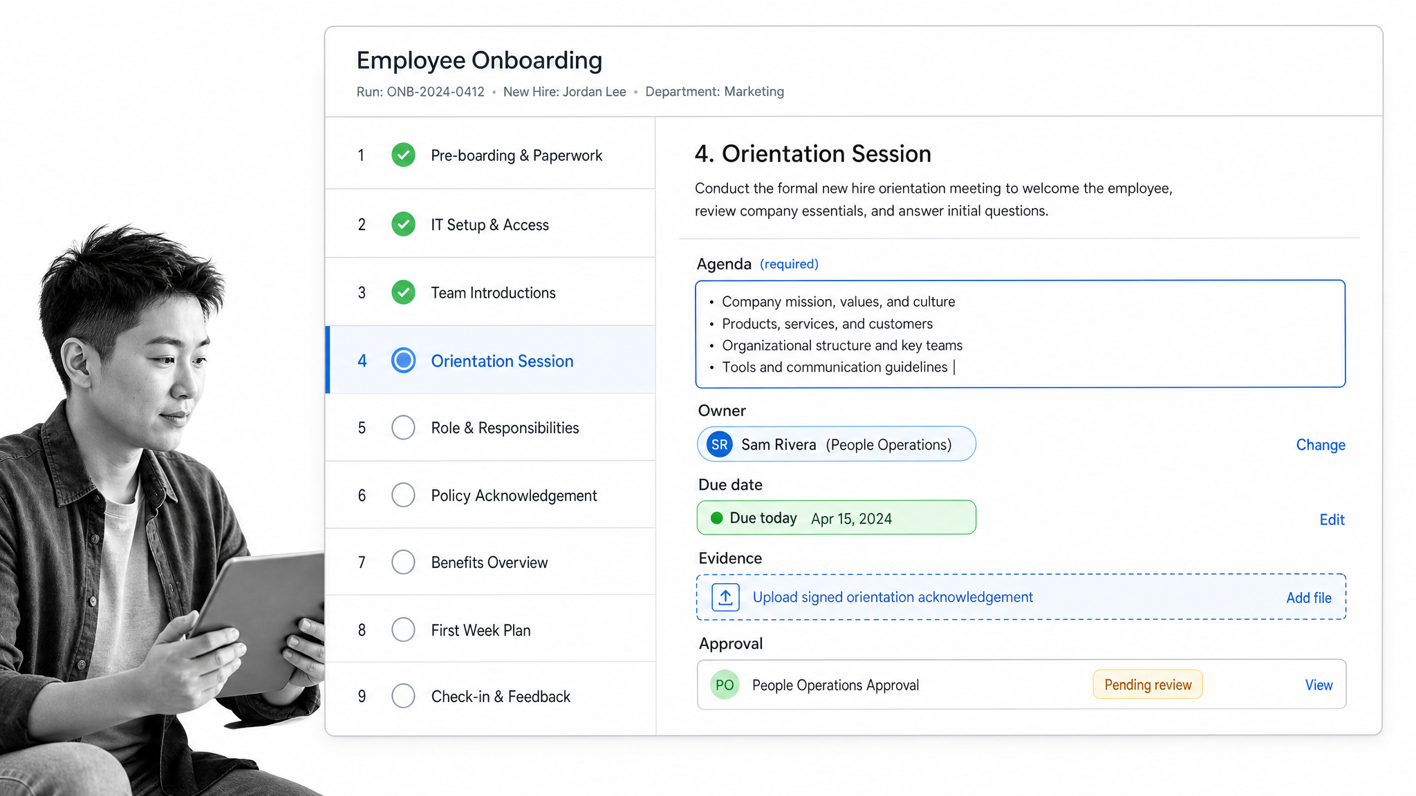 Light Process Street onboarding workflow run for formal new hire orientation