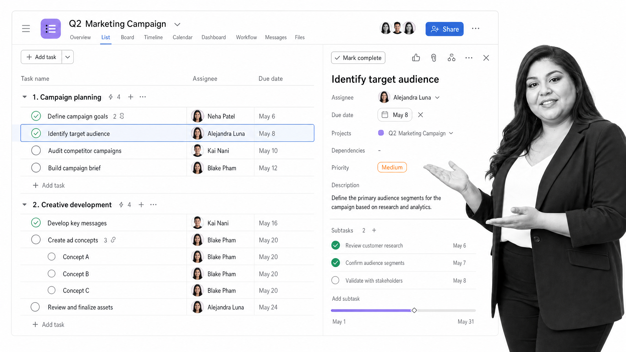 Asana project list with sections, round completion checks, and a task details pane