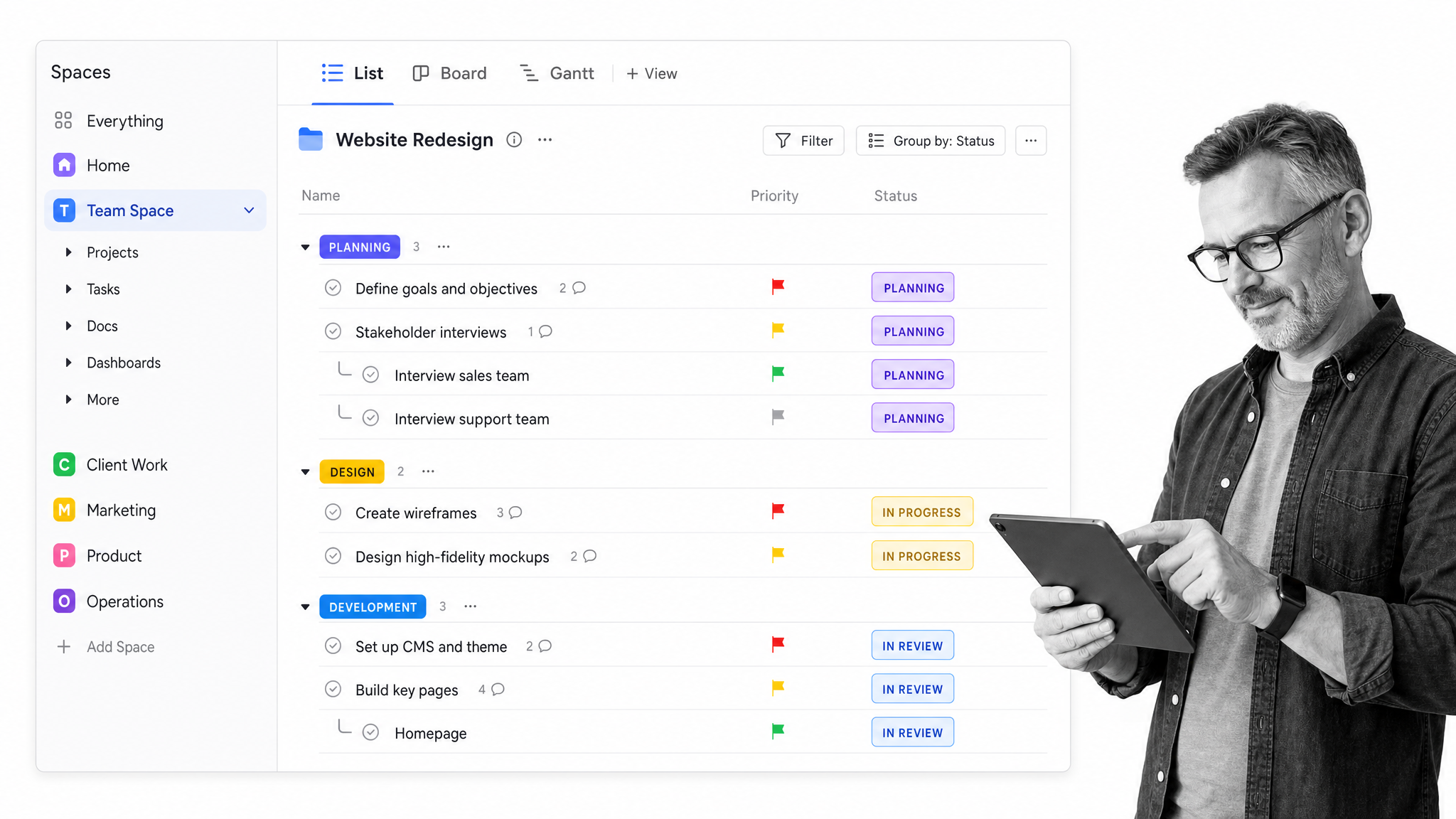 ClickUp list view with view tabs and nested tasks using custom statuses