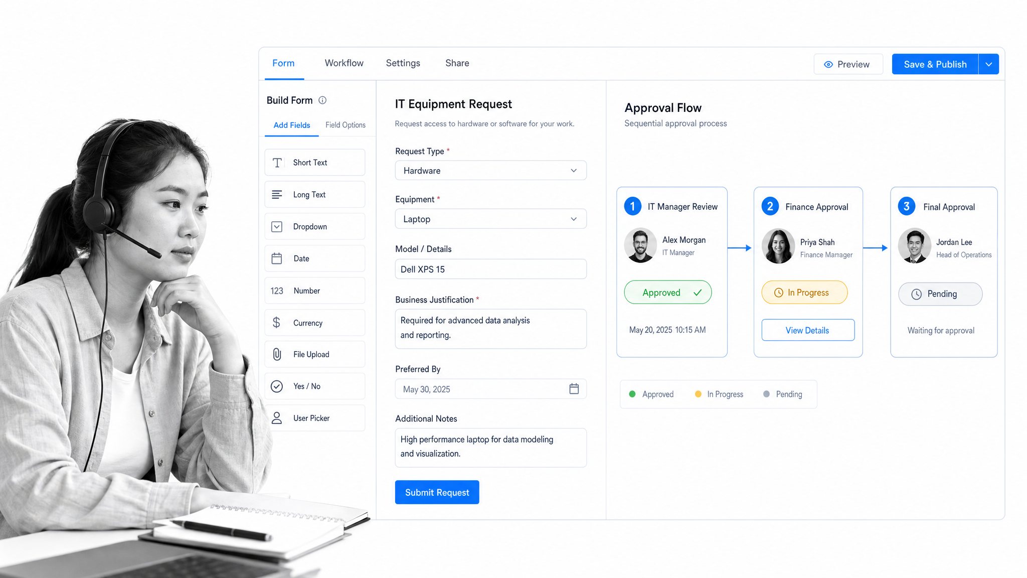 Kissflow process app showing a request form and a sequential approval flow
