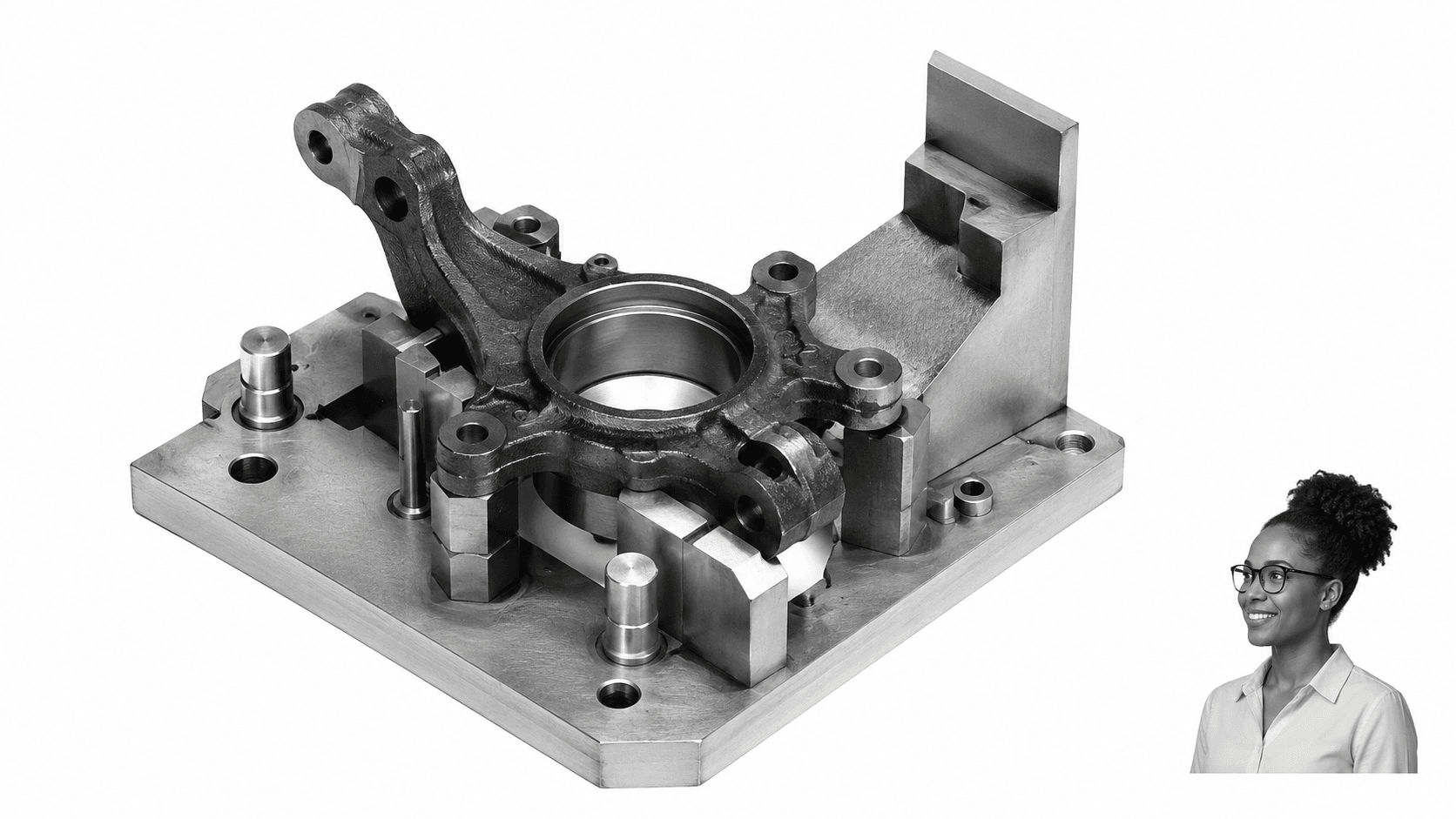 Quality engineer checking an automotive part in a keyed assembly jig