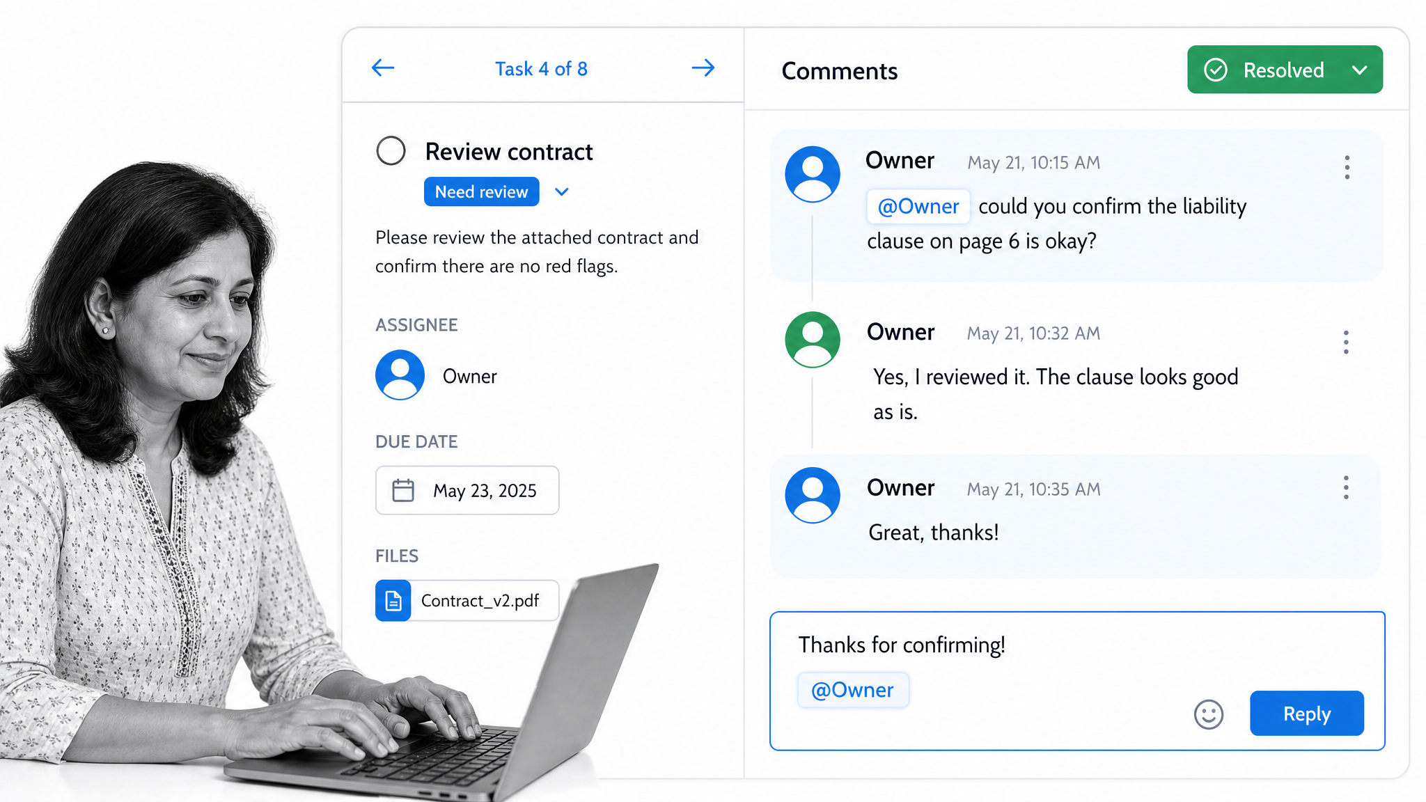 A Process Street workflow run with comments, mentions, and resolved replies.
