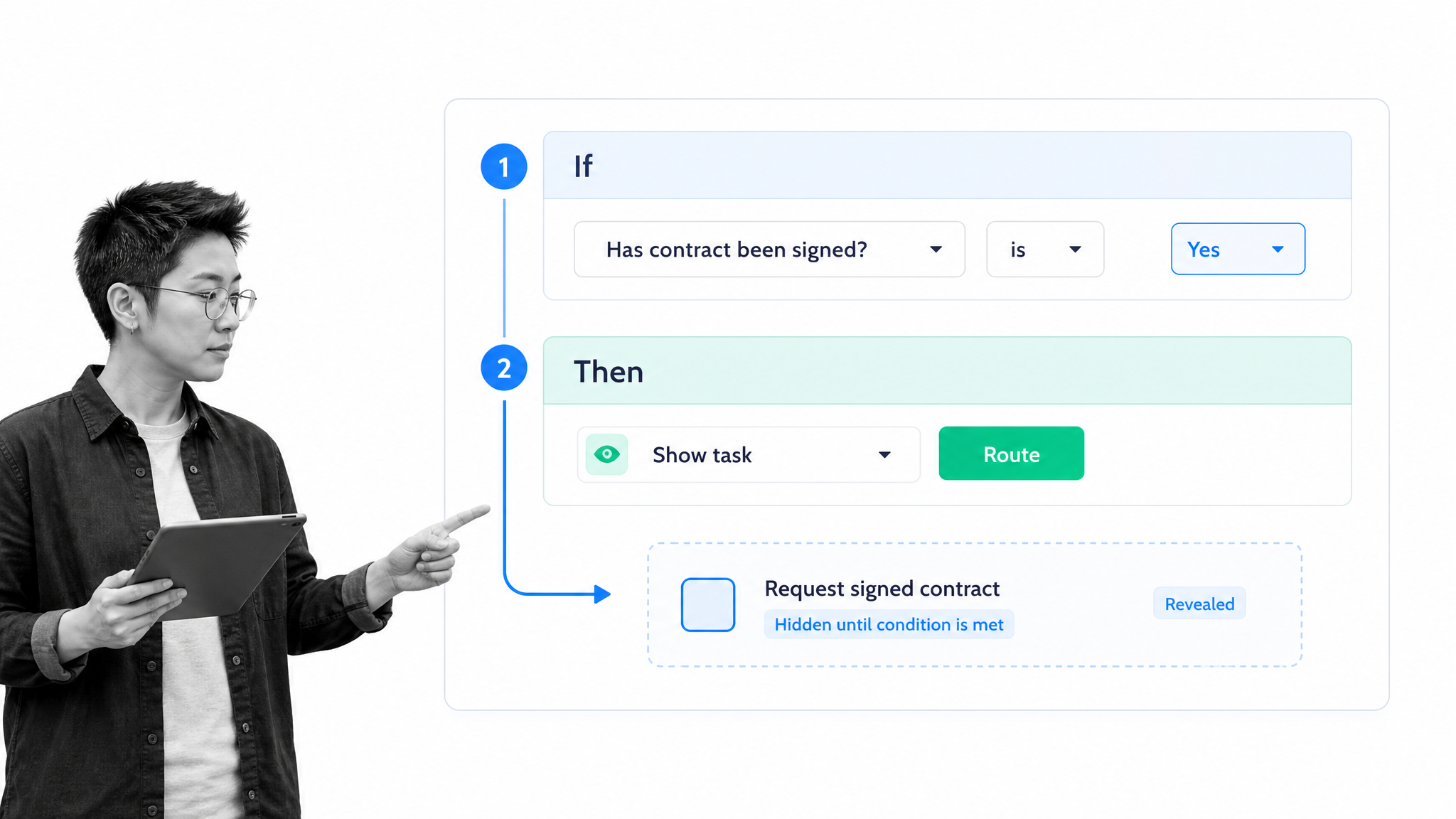 Conditional Logic route showing if then rules and a revealed task.