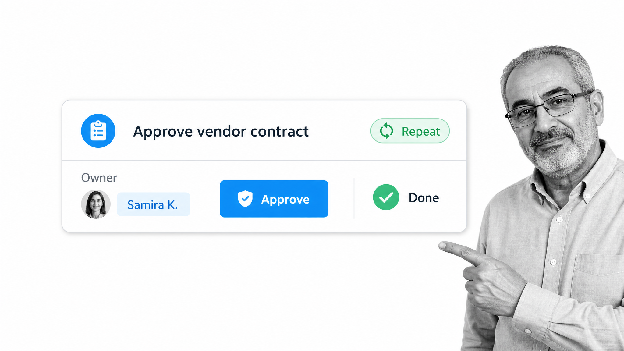 One-task Process Street workflow card with owner, approval, and repeat controls.