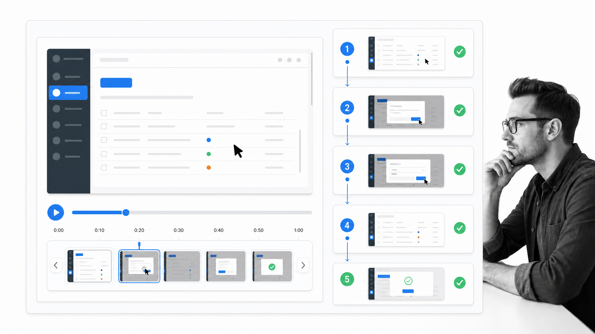 Screen recording review workspace showing captured steps and a black-and-white reviewer.