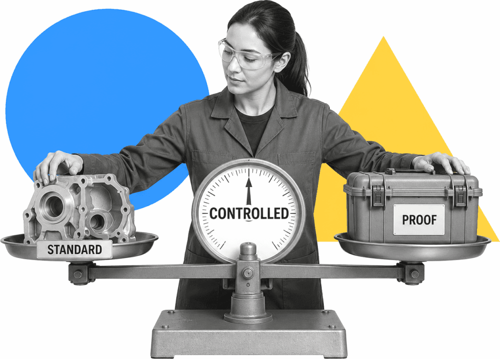 A production quality engineer balances a labeled metal housing and proof case on a controlled scale.