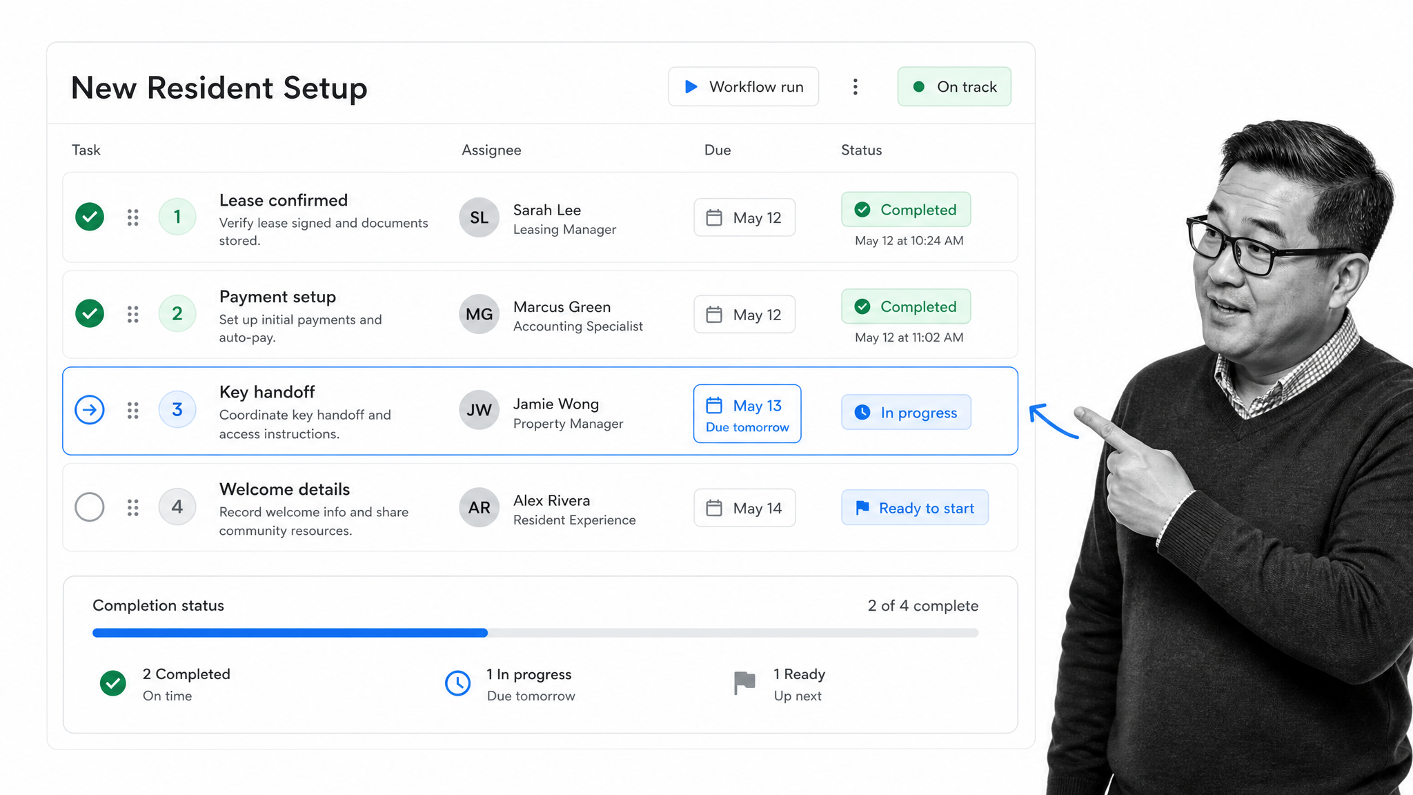 Tenant onboarding workflow with lease, payment, and key handoff tasks