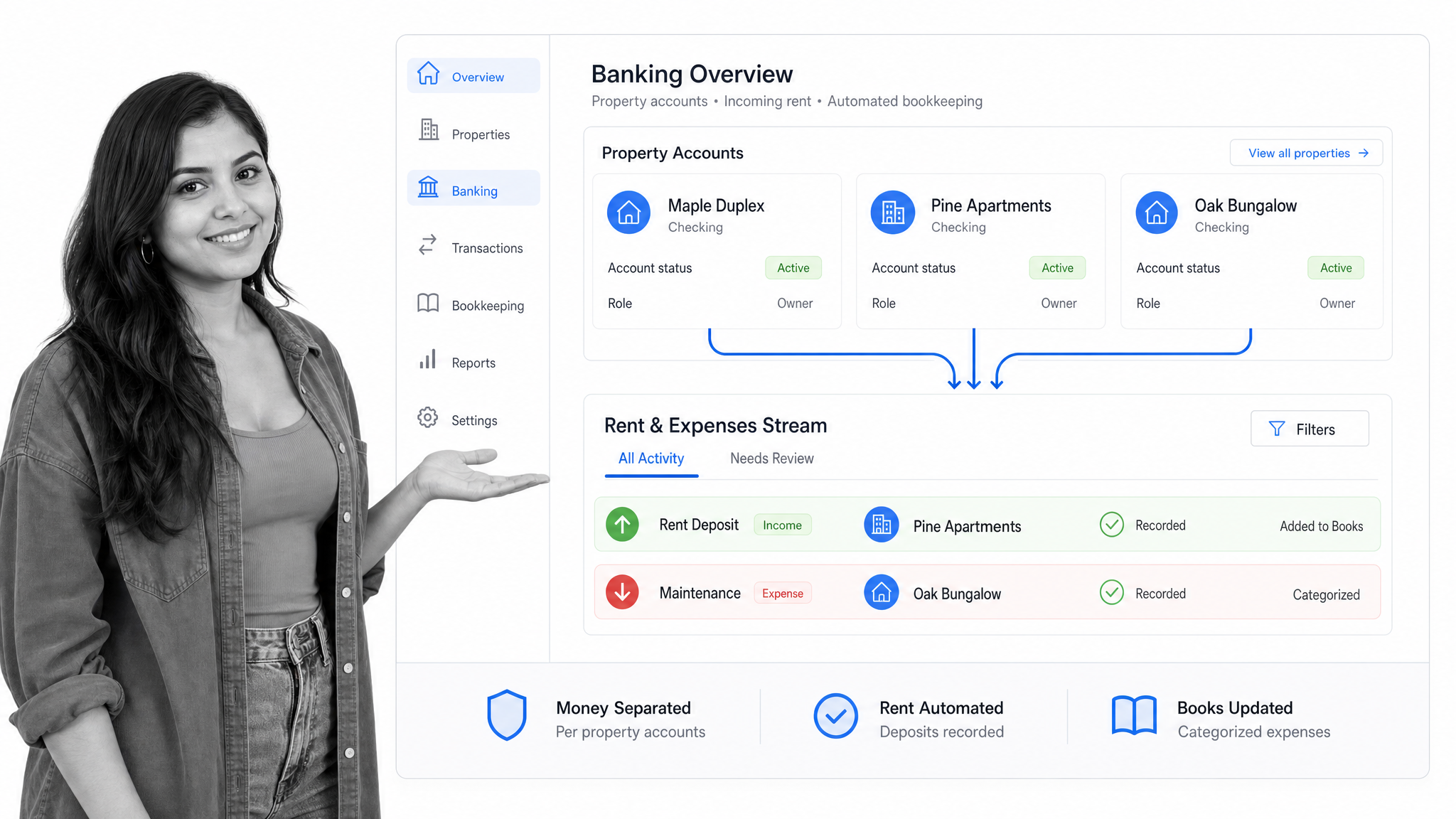 Baselane landlord banking dashboard with property accounts, rent deposits, and categorized expenses