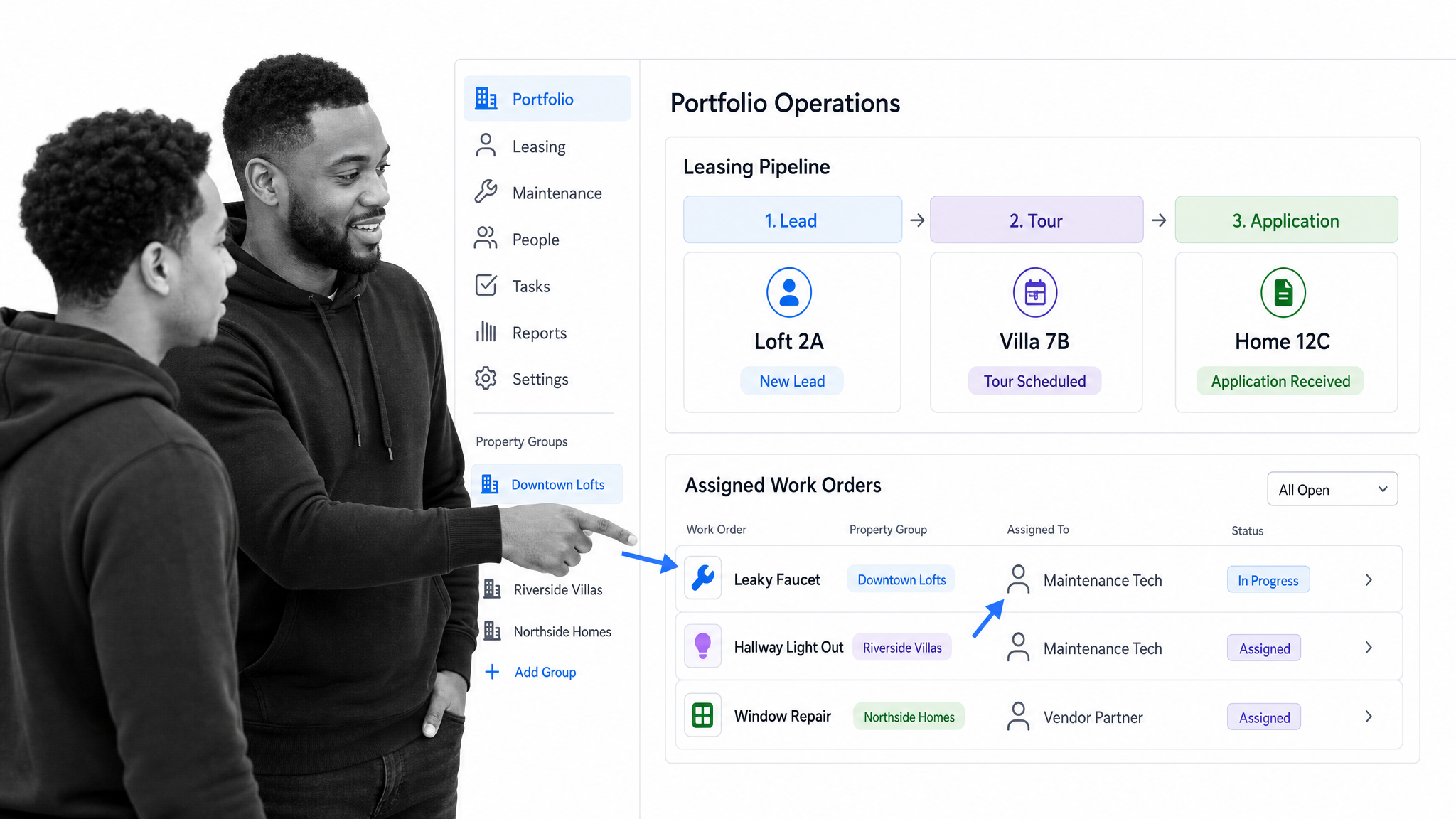 DoorLoop portfolio dashboard with leasing pipeline, property groups, work orders, and user assignments
