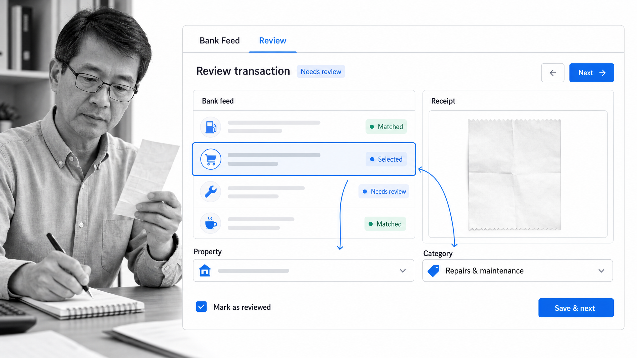 Landlord Studio transaction review with bank feed, receipt attachment, and property category