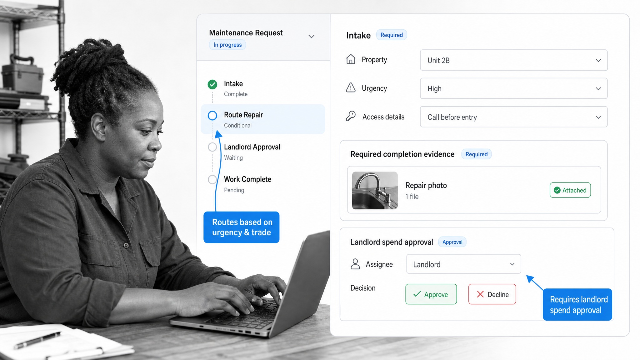 Landlord using a Process Street maintenance escalation workflow with required evidence and approval steps